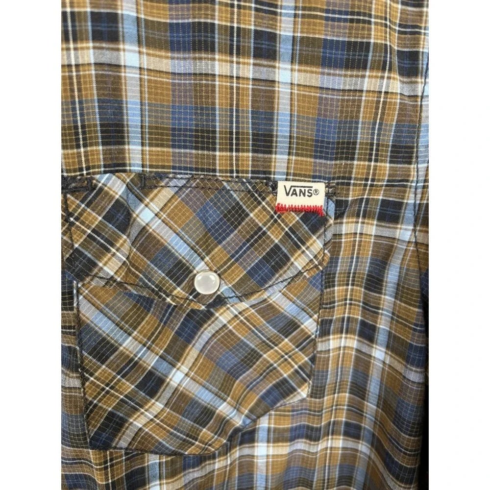 Vintage Vans Custommade For You Mens Size M Blue Brown Plaid‎ Pearl Snap Shirt